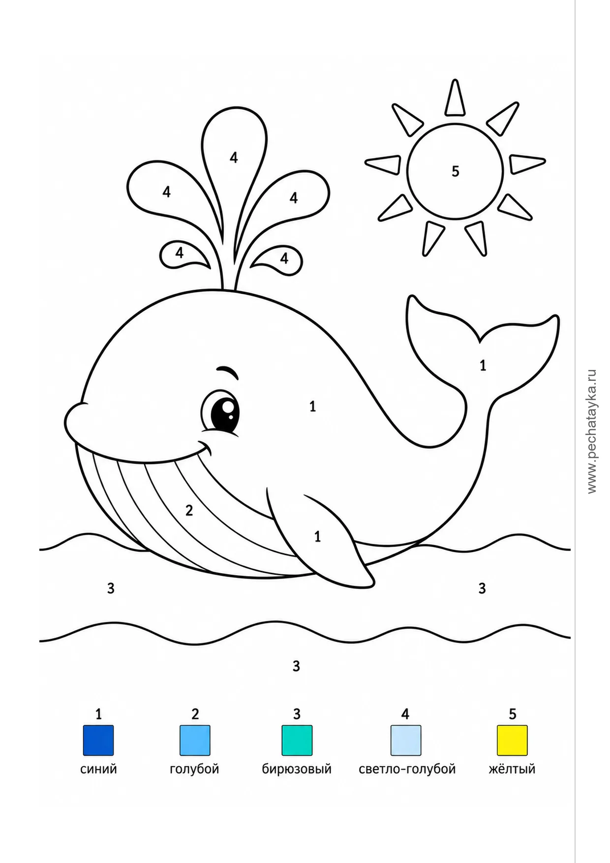 Раскраска кит в море по номерам