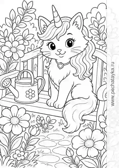 Раскраска кошка-единорожка на скамейке с лейкой для детей 5–6 лет