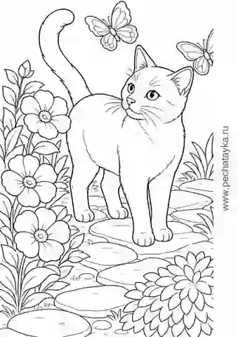 Раскраска кошка на садовой дорожке с цветами и бабочками для детей 6–7 лет