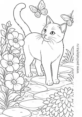 Раскраска кошка на садовой дорожке с цветами и бабочками для детей 6–7 лет