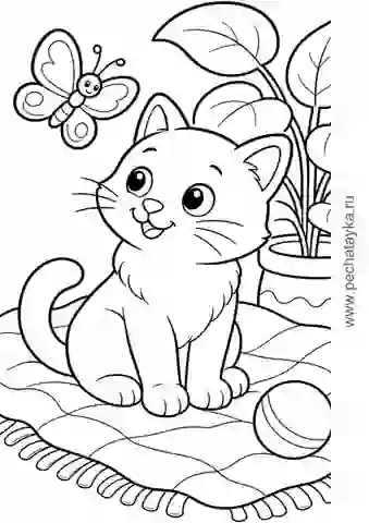 Раскраска кошка с бабочкой, растением и игрушкой для детей 4–5 лет
