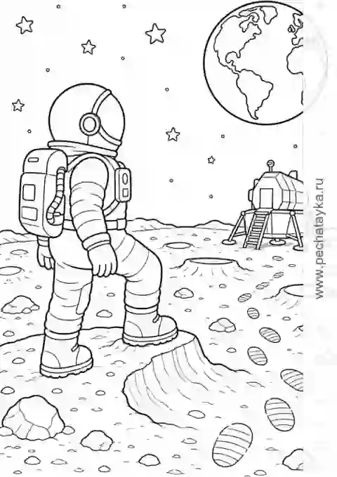 Раскраска космонавт на Луне с кратерами и посадочным модулем для детей 6–7 лет