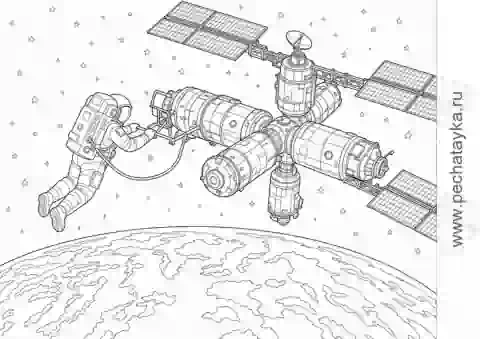 Раскраска космонавт возле космической станции