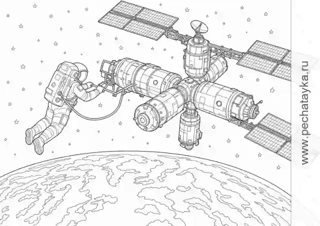 Раскраска космонавт возле космической станции