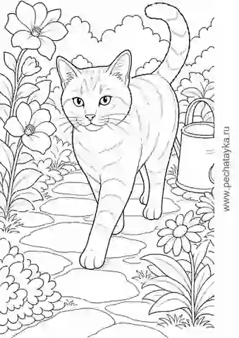 Раскраска кот на садовой тропинке с лейкой и цветами для детей 6–7 лет