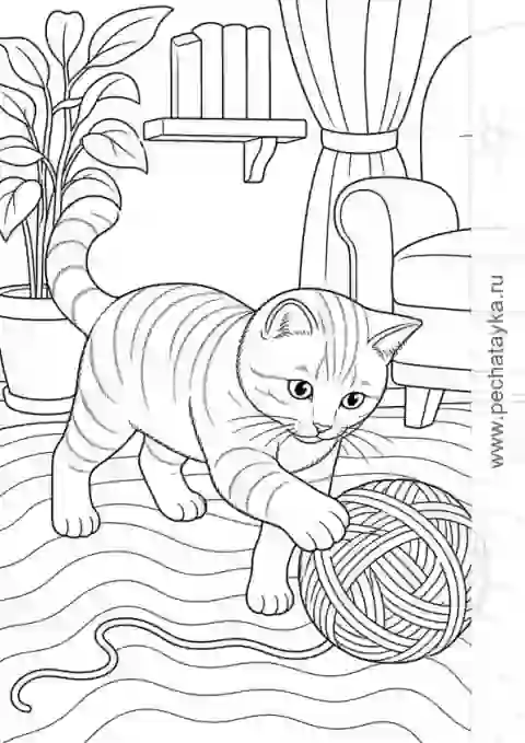 Раскраска кот с клубком в узорной комнате