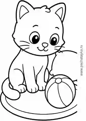 Раскраска кот с мячиком и подушкой для детей 2–3 лет