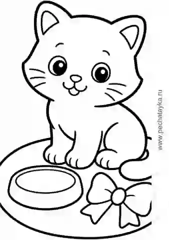 Раскраска котенок с блюдцем и игрушечным бантиком для детей 2–3 лет