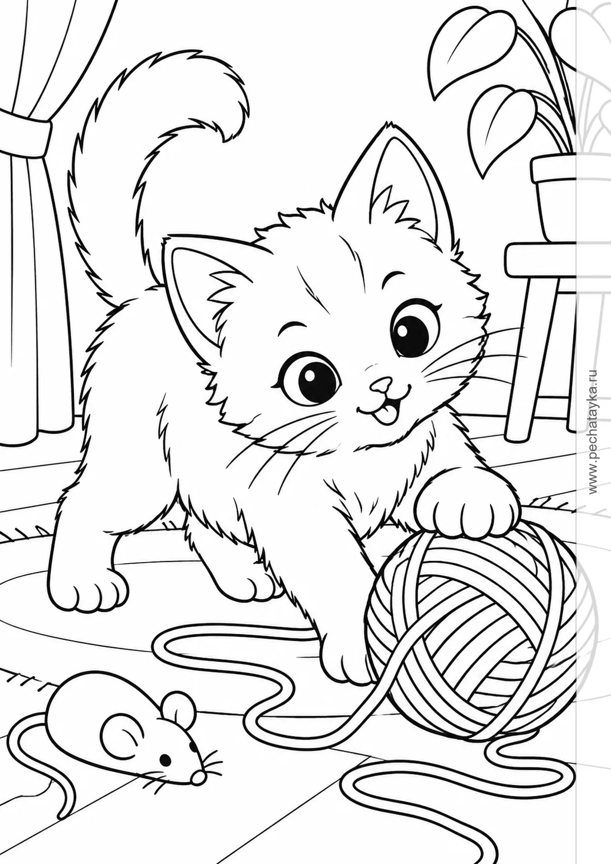 Раскраска котёнок с клубком