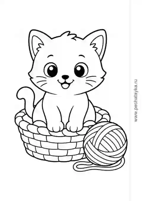 Раскраска котёнок в плетёной корзинке
