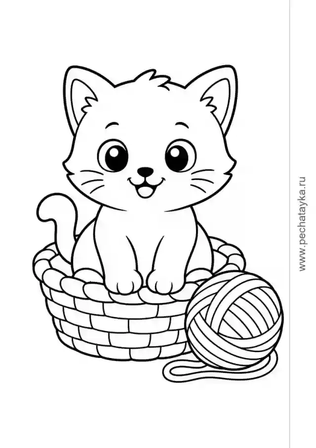 Раскраска котёнок в плетёной корзинке