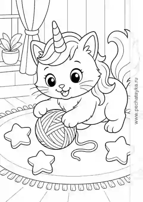 Раскраска котик-единорог с большим клубком и игрушками для детей 4–5 лет