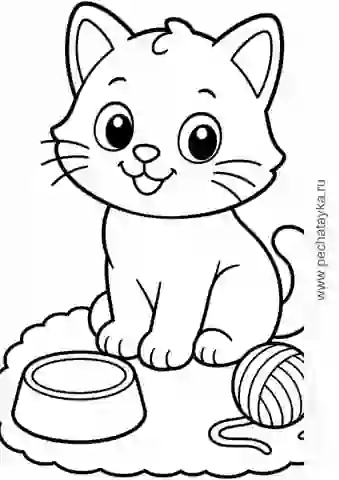 Раскраска котик на коврике с мисочкой и клубком для детей 2–3 лет