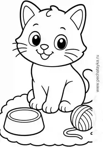 Раскраска котик на коврике с мисочкой и клубком для детей 2–3 лет