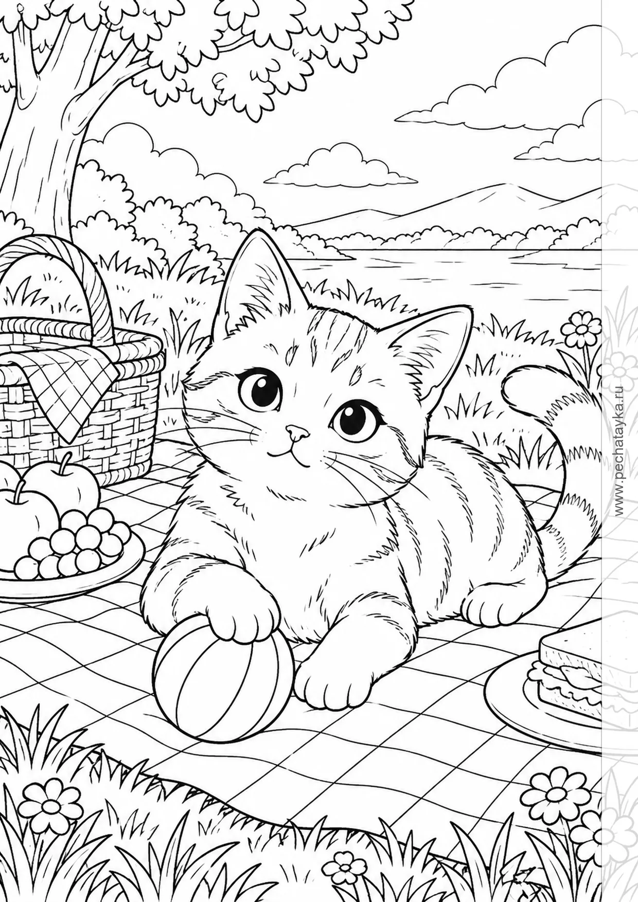 Раскраска котик на пледе для пикника