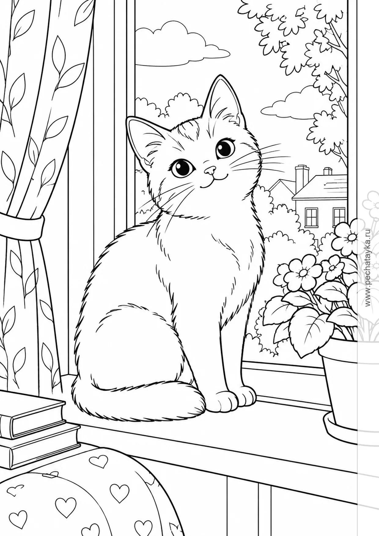 Раскраска котик на подоконнике
