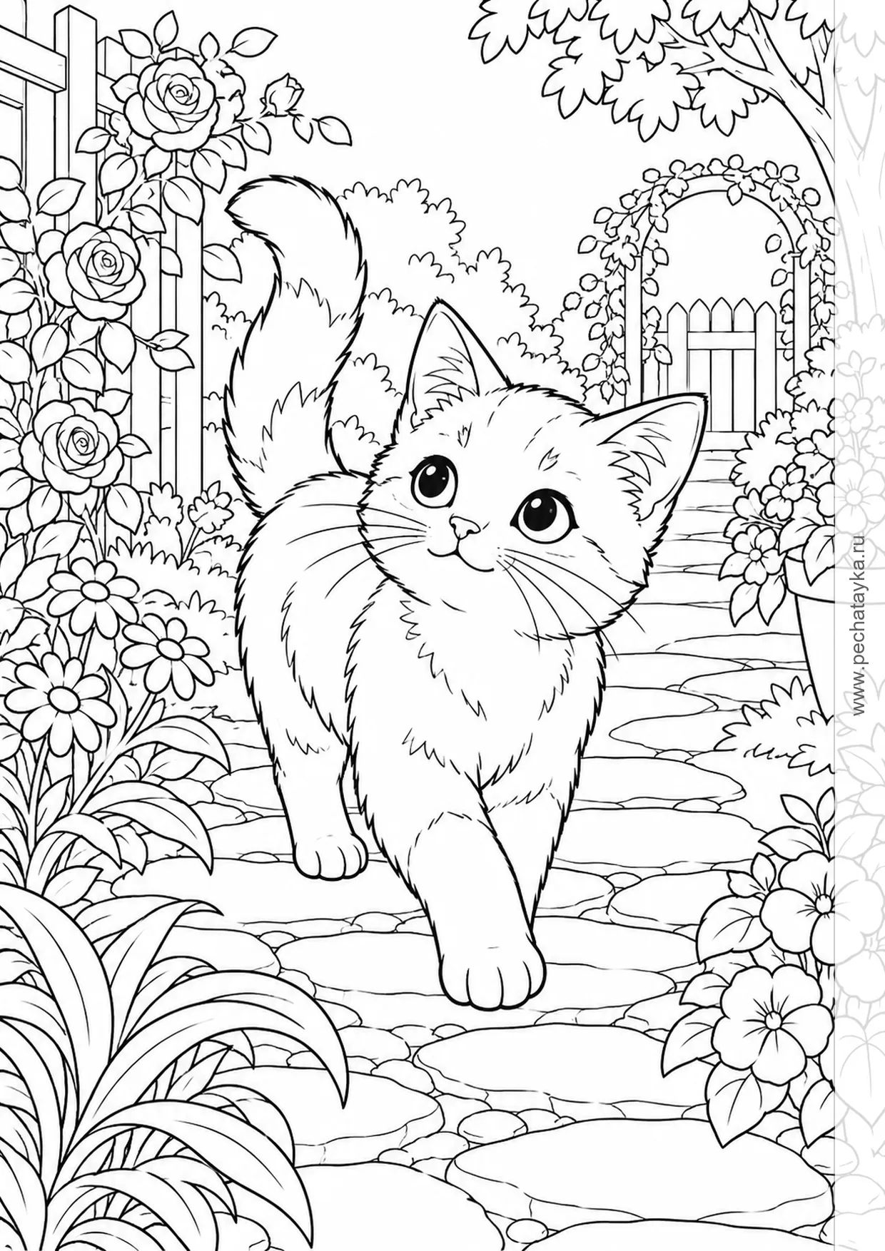 Раскраска котик на садовой дорожке