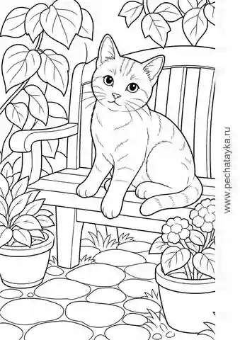 Раскраска котик на садовой скамейке среди растений для детей 6–7 лет