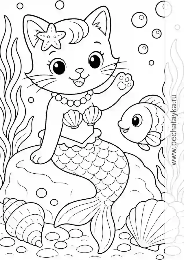 Раскраска котик-русалка на подводном камне с рыбкой для детей 4–5 лет
