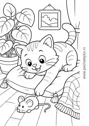 Раскраска котик на подушке с игрушечной мышкой для детей 4–5 лет