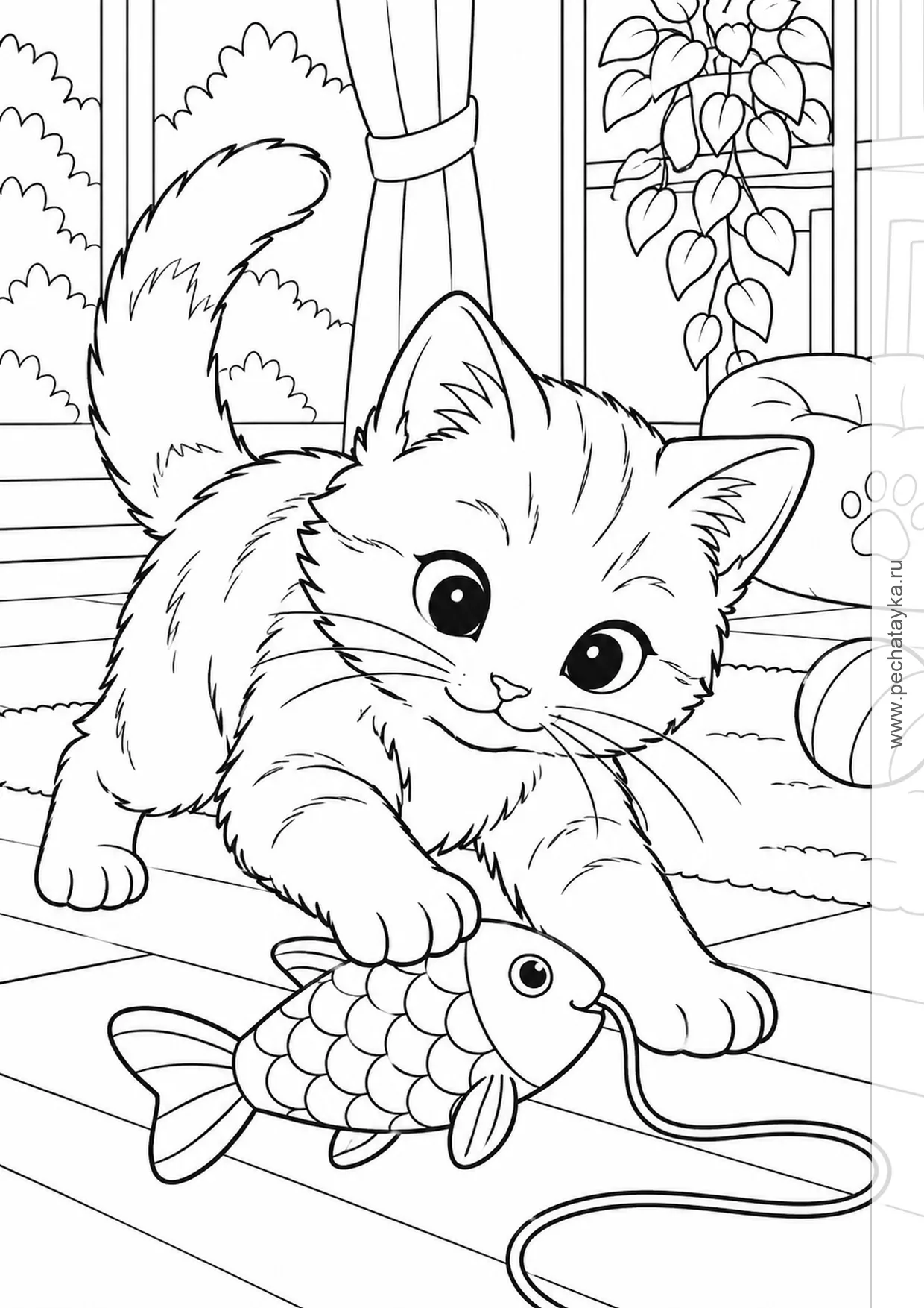 Раскраска котик с игрушечной рыбкой