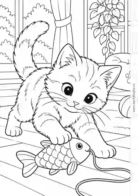 Раскраска котик с игрушечной рыбкой