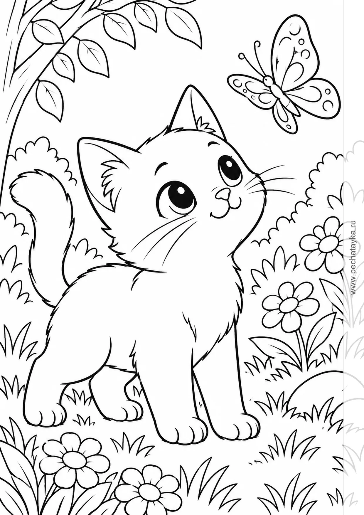 Раскраска котик смотрит на бабочку