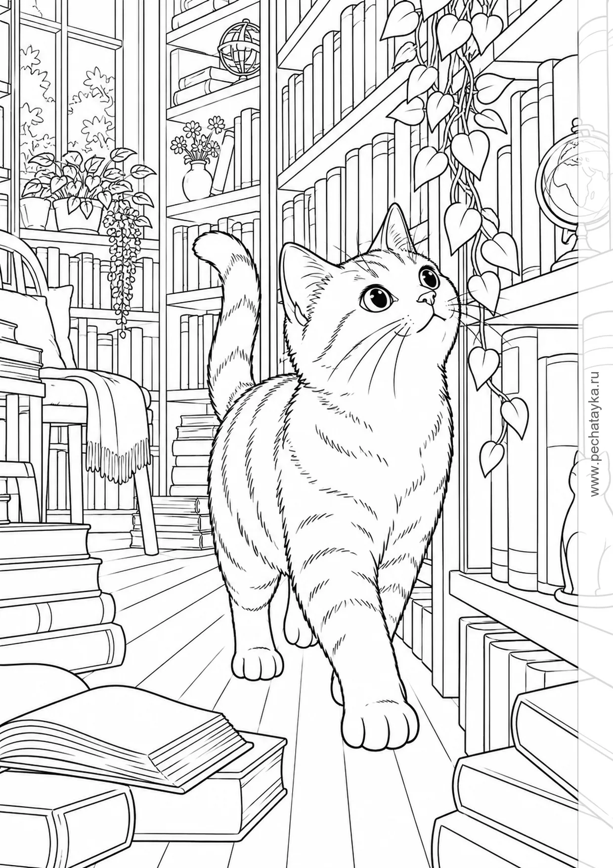 Раскраска котик среди книжных полок