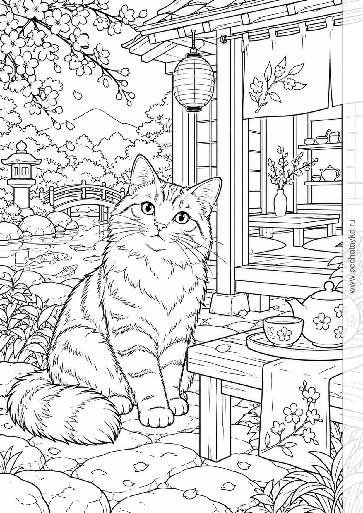Раскраска котик у чайного домика