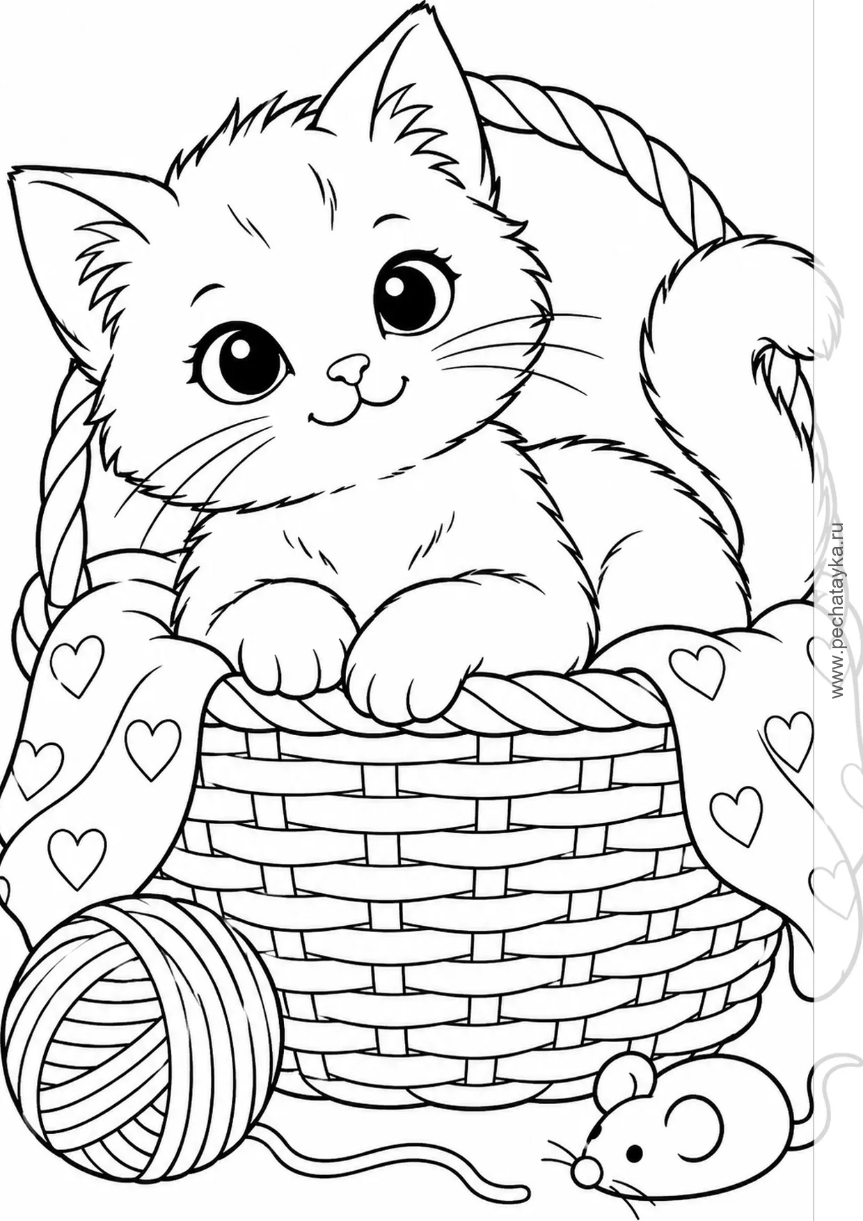 Раскраска котик в корзинке