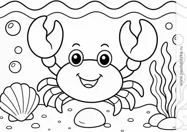 Раскраска крабик с крупными клешнями на морском дне для детей 4–5 лет