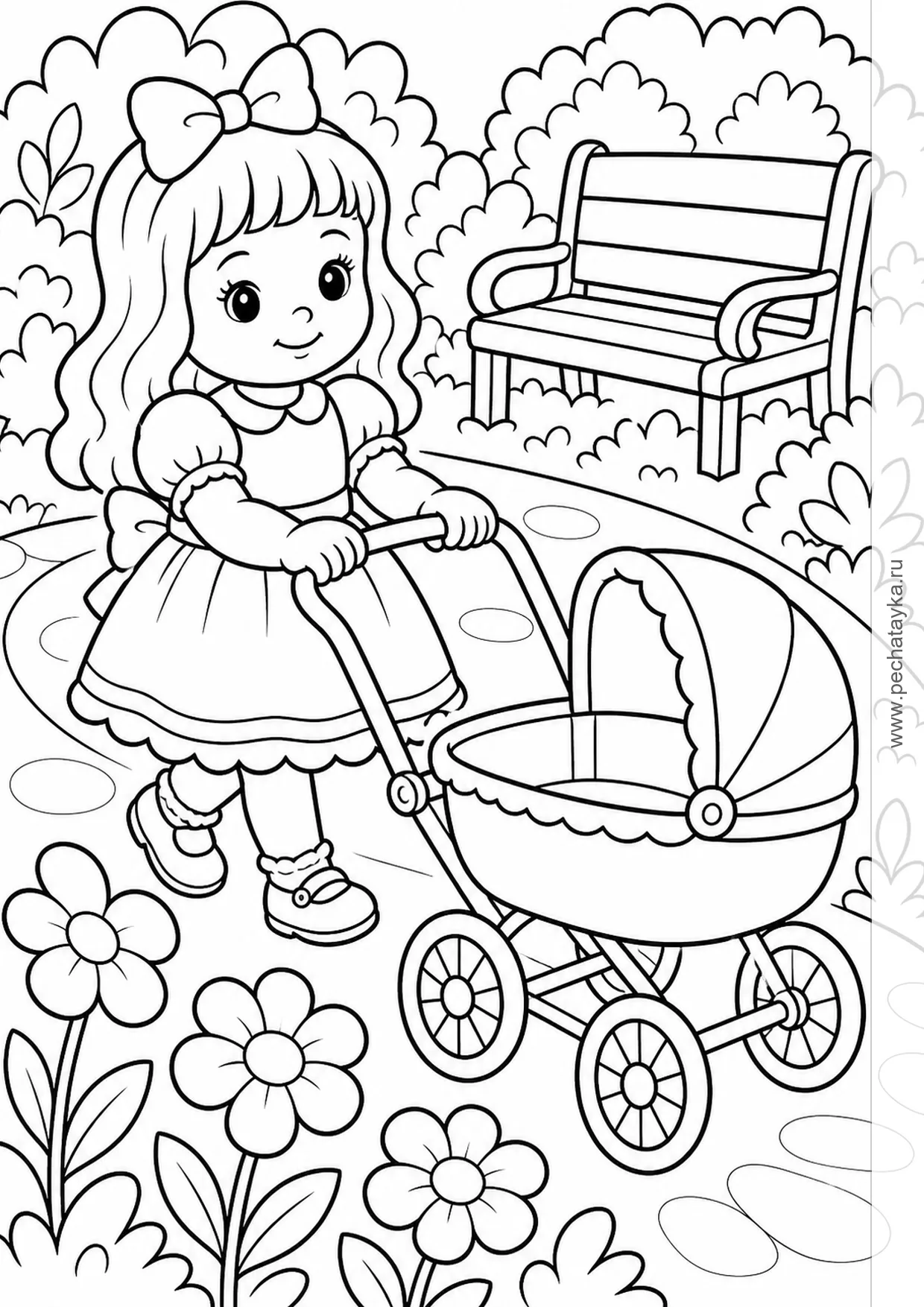 Раскраска кукла с игрушечной коляской