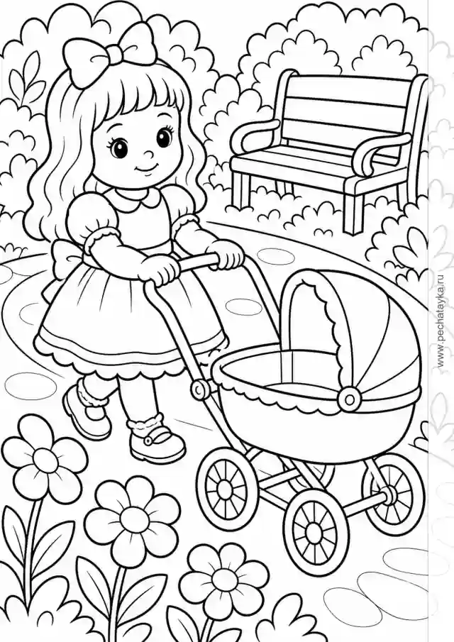 Раскраска кукла с игрушечной коляской