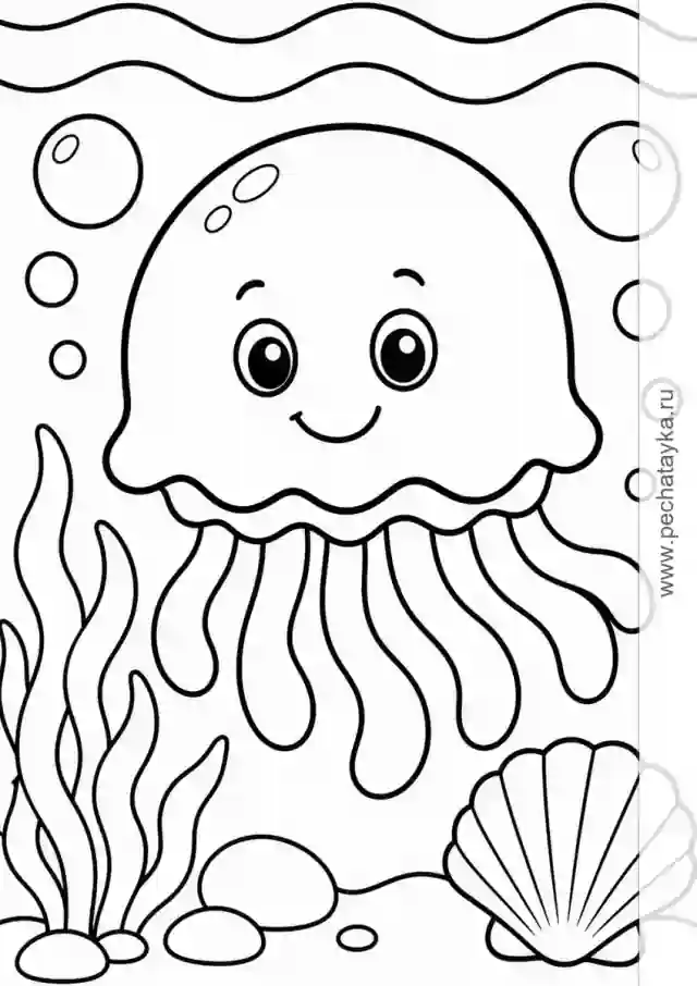 Раскраска медуза с короткими щупальцами и ракушкой для детей 4–5 лет