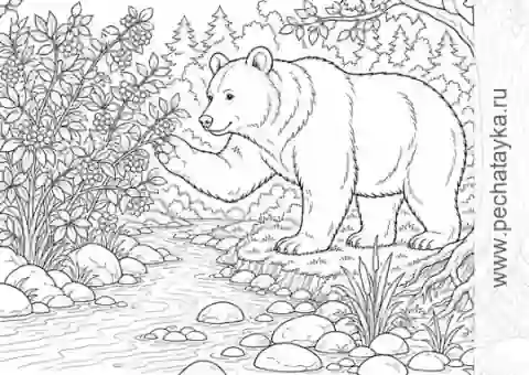 Раскраска медведь у ягодного куста и лесного ручья для детей 6–7 лет