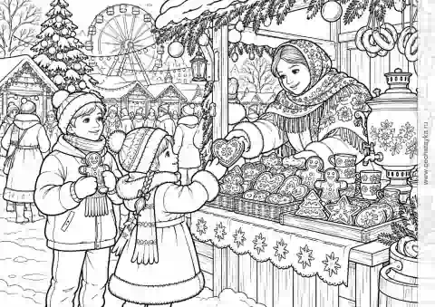 Раскраска новогодняя ярмарка с пряниками и самоваром