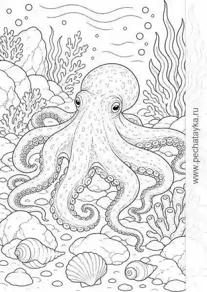 Раскраска осьминог на морском дне с кораллами для детей 8+