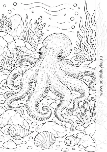 Раскраска осьминог на морском дне с кораллами для детей 8+