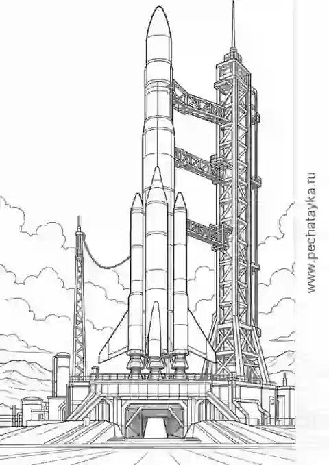 Раскраска ракета на космодроме со стартовой площадкой для детей 8+ лет