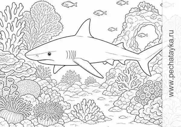 Раскраска рифовая акула среди кораллов