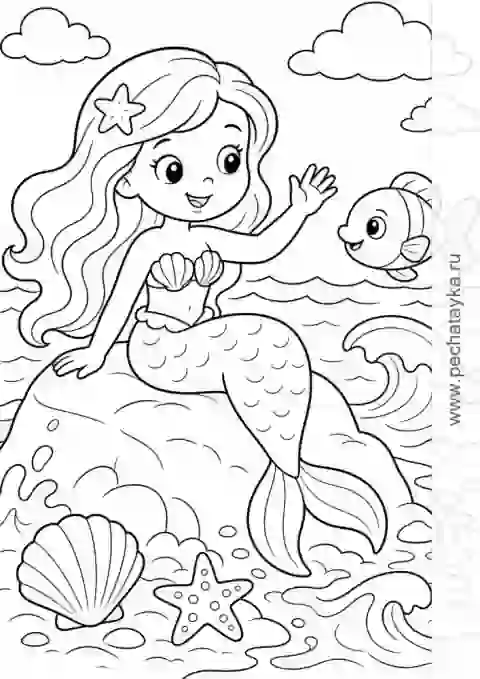 Раскраска русалка на камне у моря с волнами и ракушкой для детей 4–5 лет