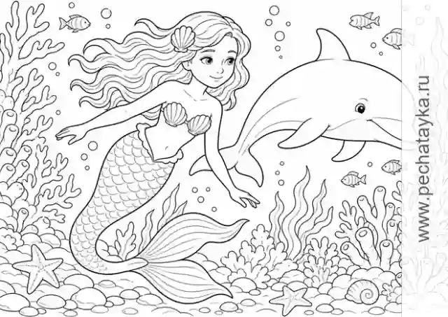 Раскраска русалка с дельфином среди кораллов и рыбок для детей 6–7 лет