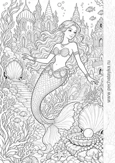Раскраска русалка в подводном царстве с кораллами и раковинами для 8+ лет