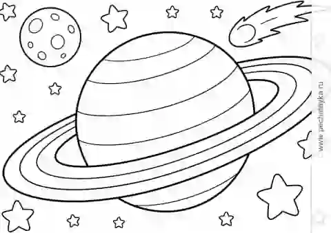 Раскраска Сатурн с кольцами, звёздами и кометой для детей 4–5 лет