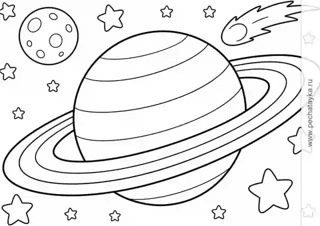 Раскраска Сатурн с кольцами, звёздами и кометой для детей 4–5 лет