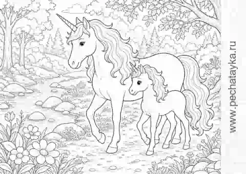 Раскраска семья единорогов на лесной тропинке у ручья для детей 6–7 лет