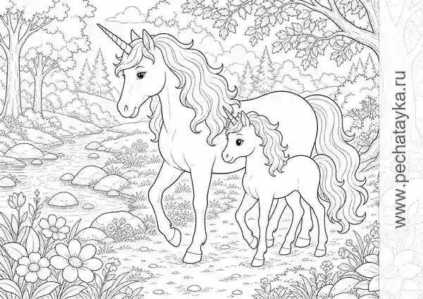 Раскраска семья единорогов на лесной тропинке у ручья для детей 6–7 лет