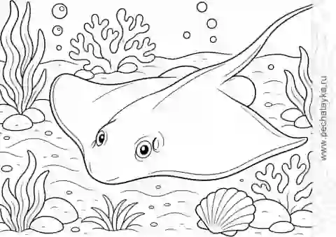 Раскраска скат на морском дне с кораллами для детей 6–7 лет