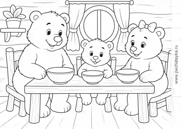 Раскраска Три медведя за столом в домике для детей 4–5 лет