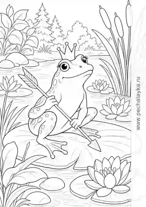 Раскраска Царевна-лягушка на кувшинке у пруда для детей 6–7 лет
